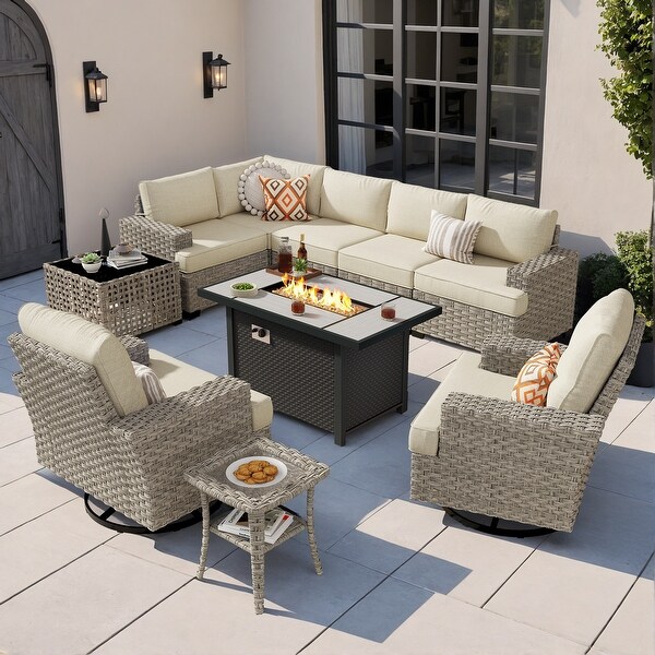 OVIOS 10 Pieces T shaped Seat Wide Armrest Swivel Chair Set With SolarPowered TableandFire Pit
