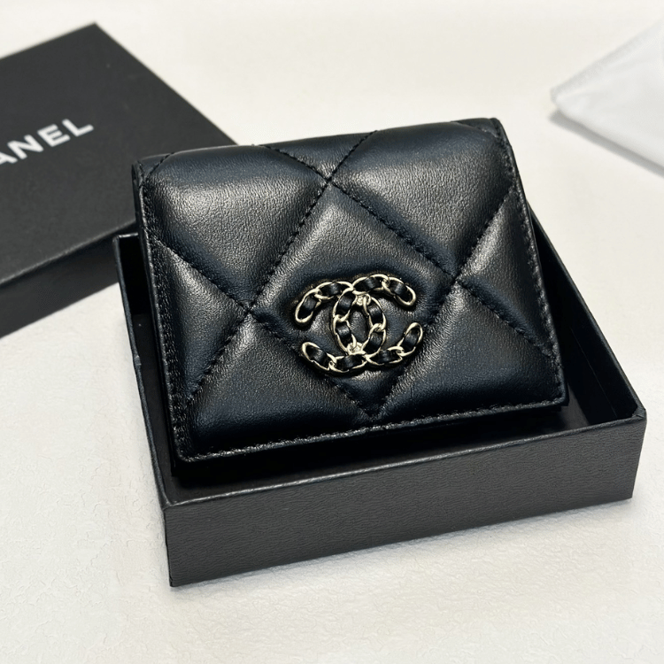 Chanel 19 Tri-Fold Wallet Black Gold/Chain Hardware 4.3 Inches