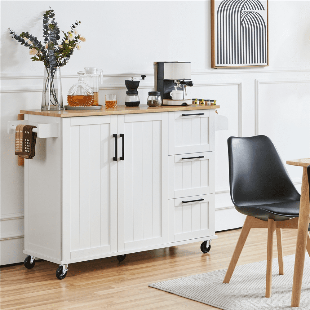 Yaheetech Rolling Kitchen Cart Kitchen Island with Wood Top and Drop Leaf Breakfast Bar,White