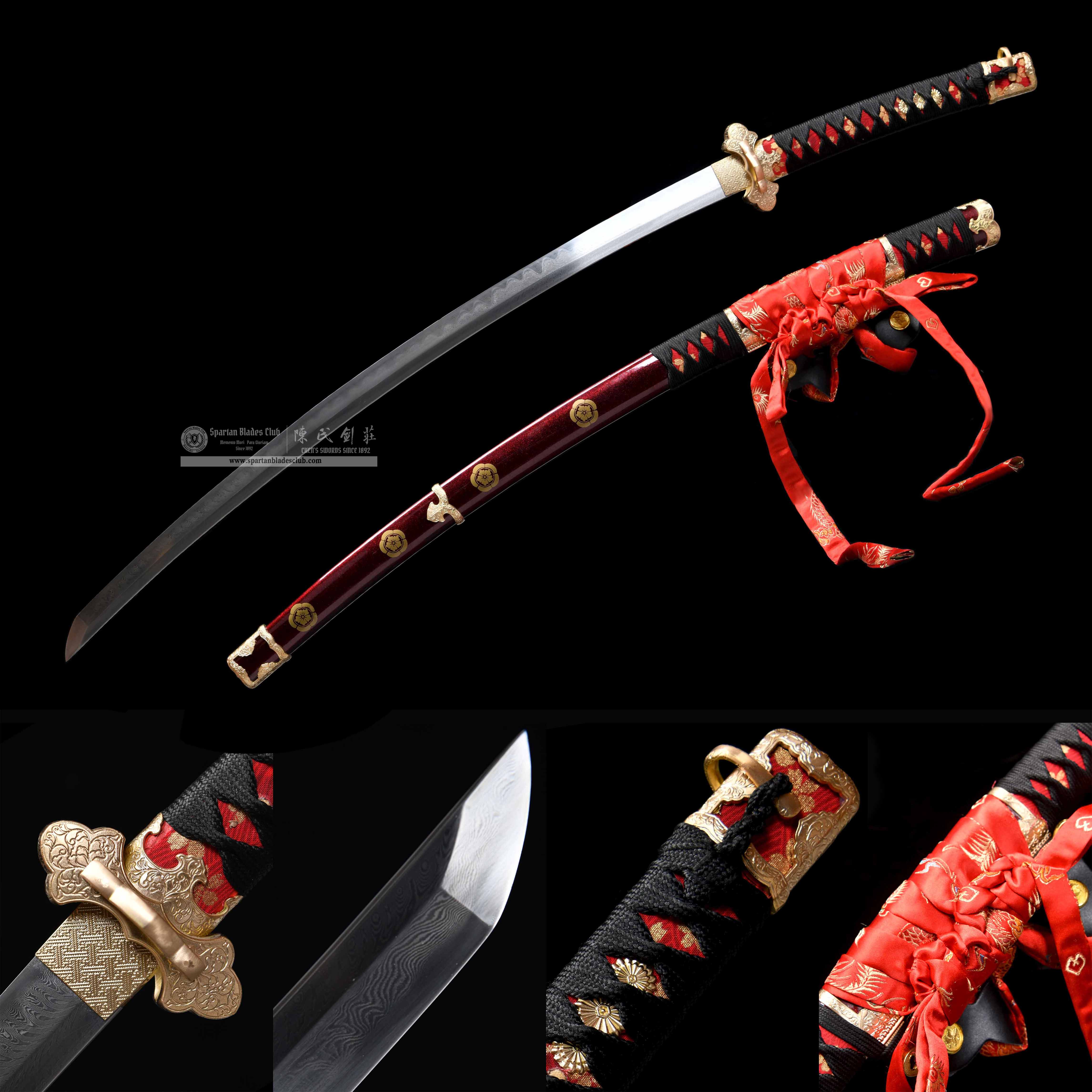 HY58 | Shukiku Samurai | Efu Tachi | Damascus steel | clay-tempered | feather pattern | Red&Black | Flower | Battle-Ready | Full-tang | Spartan Blades Club | CHEN