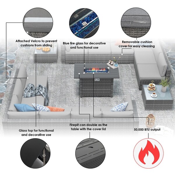 15 Piece Wicker Set Patio Sofa Furniture with Fire Pit And Table