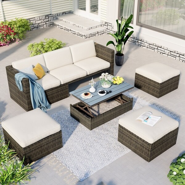5Piece Patio Wicker Sofa with Adustable Backrest,Cushions,Ottomans and Lift Top Coffee Table