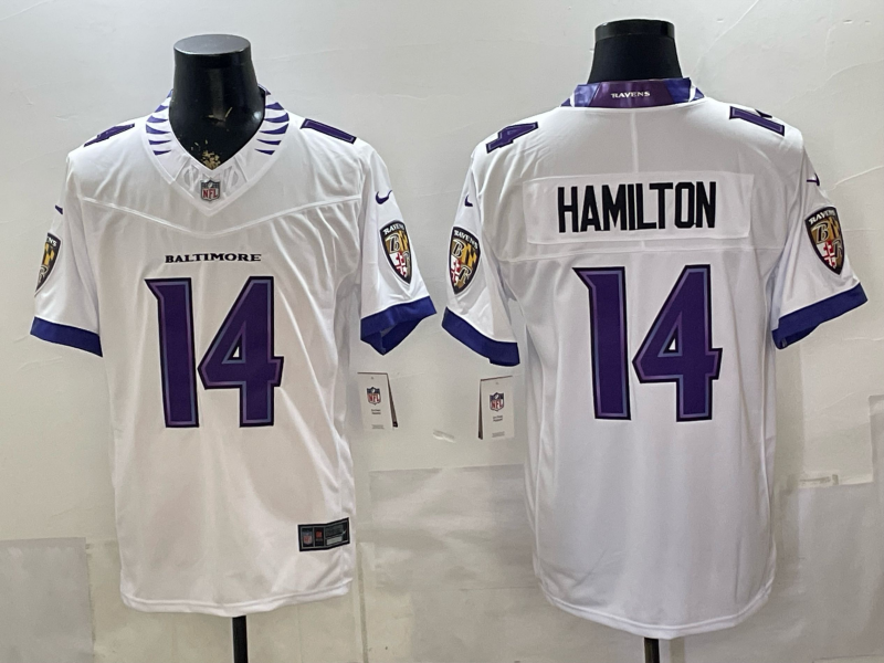 Men's Baltimore Ravens Kyle Hamilton #14 White Vapor F.U.S.E. Stitched Limited Jersey