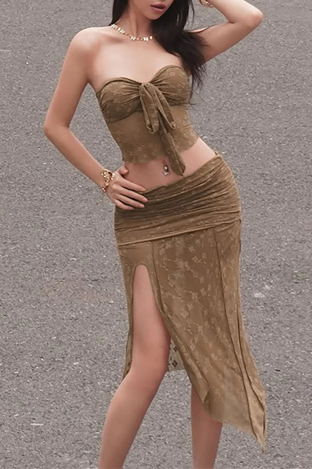 Strapless Lace Set: Ruched Midi Skirt, Tie TopClistos