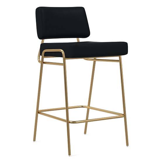 West Elm Wire Frame Counter Stool, Sierra Leather, Black, Antique Brass
