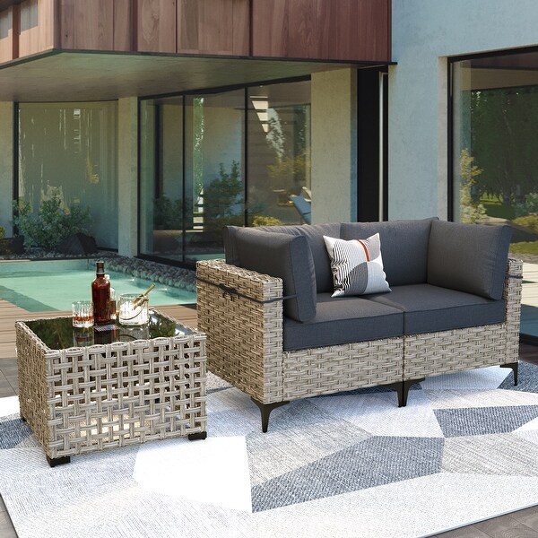 OVIOS 3 Pieces Outdoor Wicker Furniture Set With SolarPowered Coffee Table