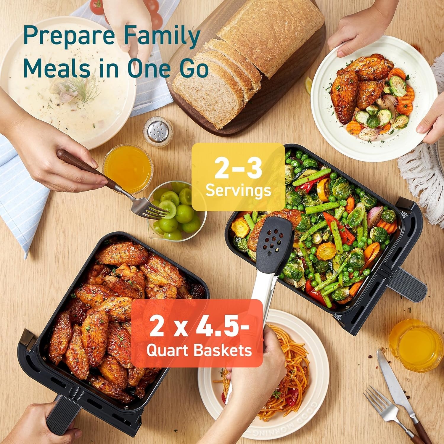 9Qt Dual Zone Air Fryer, 2-Basket Independent Cooking, Sync Finish, 12-in-1 Presets, LED Touch