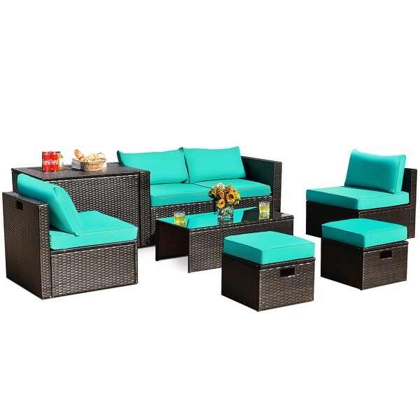 Gymax 8PCS Patio Rattan PE Wicker Conversation Set AllWeather