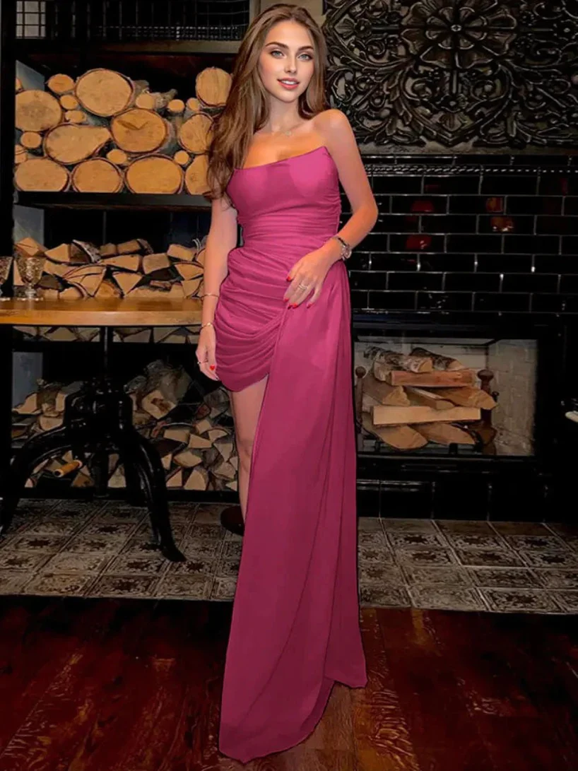 Strapless Draped Asymmetrical Hem Bodycon DressClistos