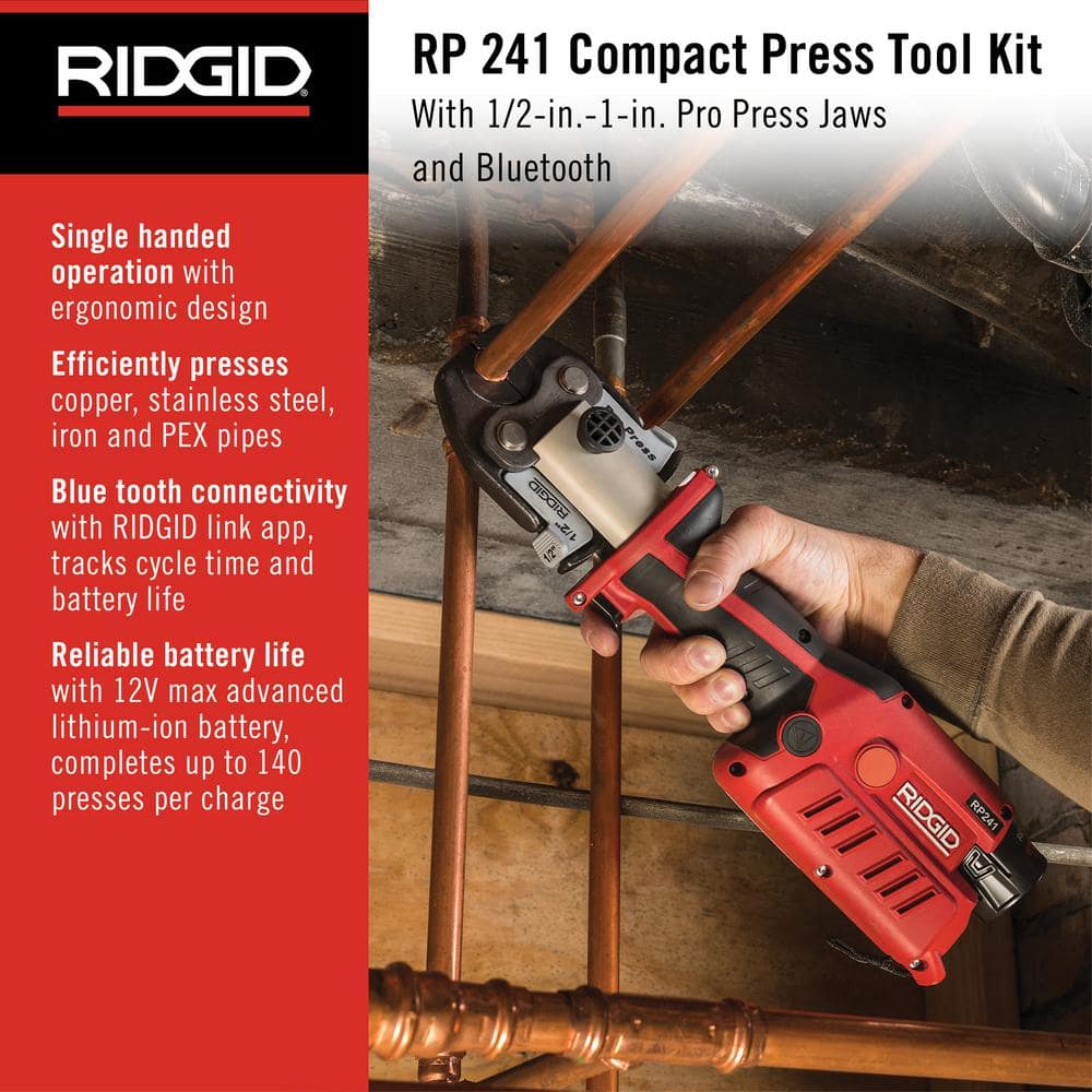 Ridgid RP 241 Compact Inline Press Tool Kit Includes 3 ProPress Jaws (1/2 in., 3/4 in., 1 in.), 2-12V Batteries, Charger + Case 57373