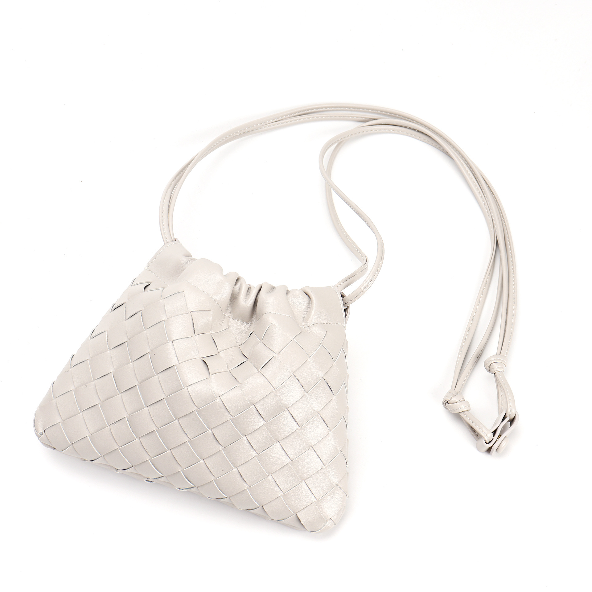 Light Gray Woven Leather Drawstring Crossbody Pouch