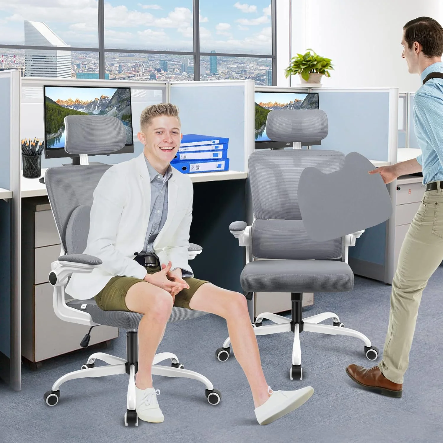 WANHUI Ergonomic Office Chair with Lumbar Support Pillow, Mesh Office Chair with Headrest & Adjustable Arms, Rocking Office Desk Chair, Comfortable Ergonomic Chair - Dark Grey