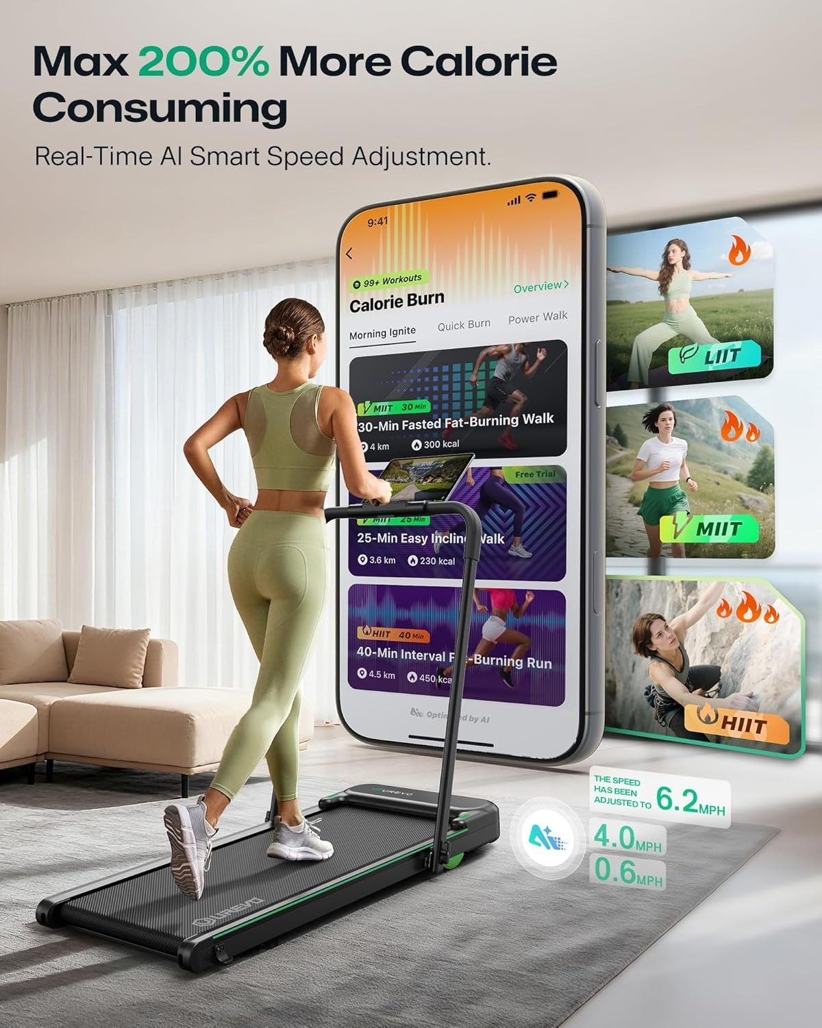 Smart 2-in-1 Folding Treadmill, Compact Walking Pad with Safety Handle, Plug and Play, Standing Desk Treadmill with Dual LED Display, Smart APP, Walking or Running for Home Office