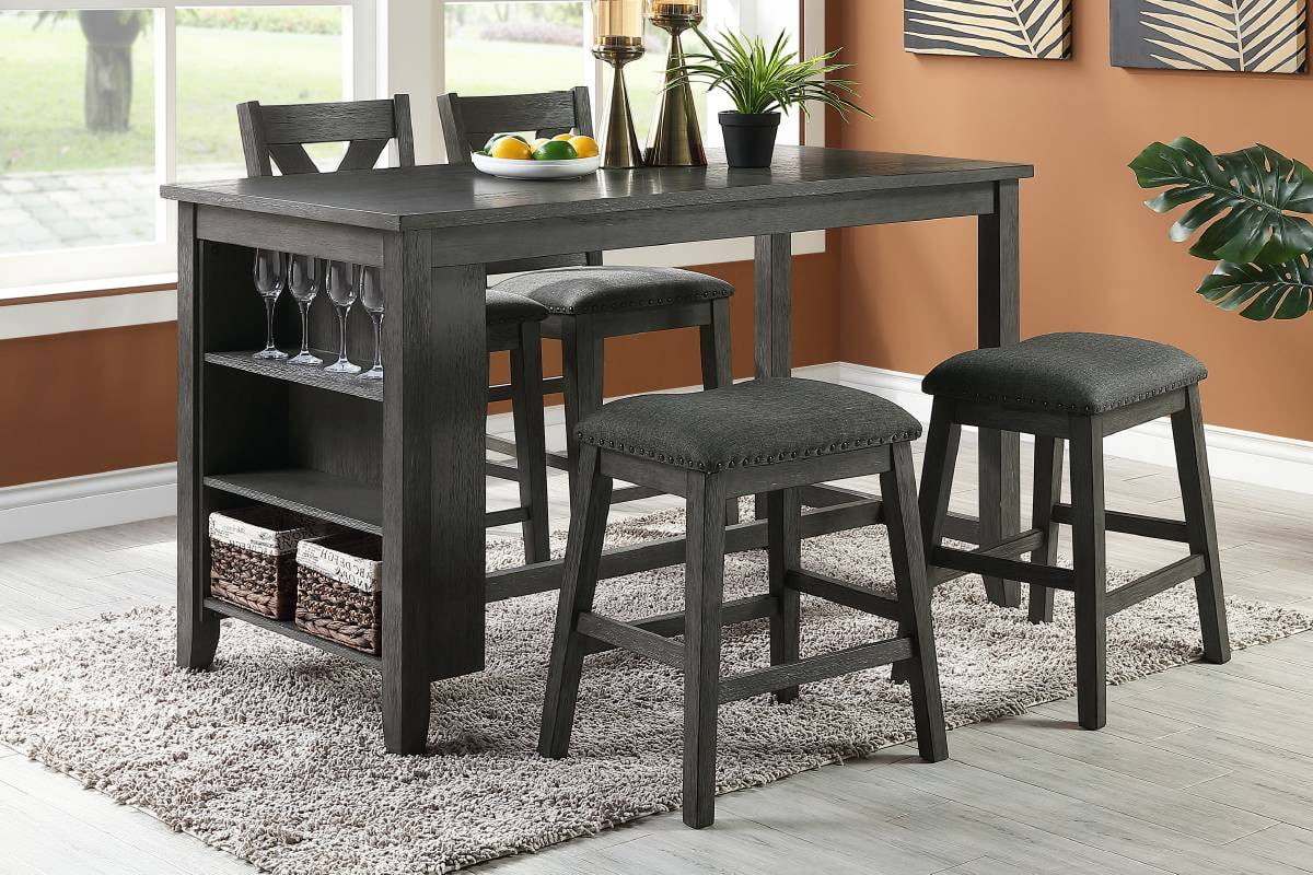Modern Dark Brown Finish 5pc Counter Height High Dining Table w Storage Shelves High Chairs And Stools Wooden Kitchen Breakfast Table Dining Room Furniture