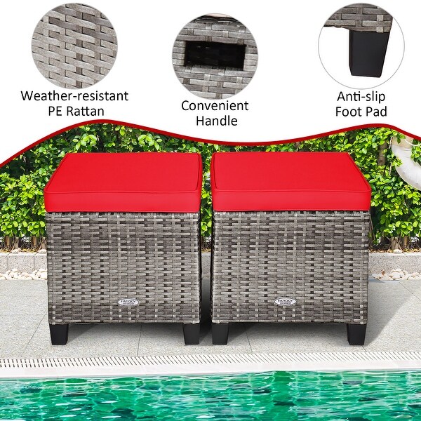 Costway 2PCS Patio Rattan Cushioned Ottoman Seat Foot Rest Table