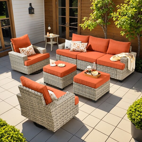 OVIOS 8 Pieces T shaped Seat Wide Armrest Swivel Chair Set With Ottoman