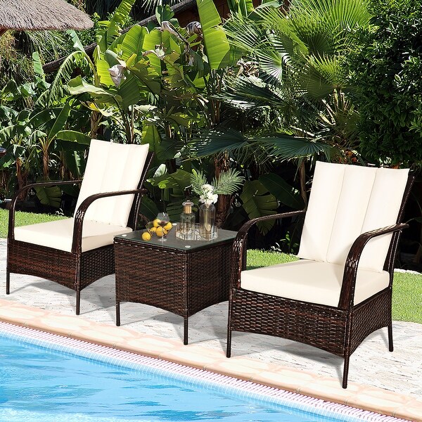 3 PCS Patio Furniture Set 2 Rattan Chairs and Glass Top Coffee Table