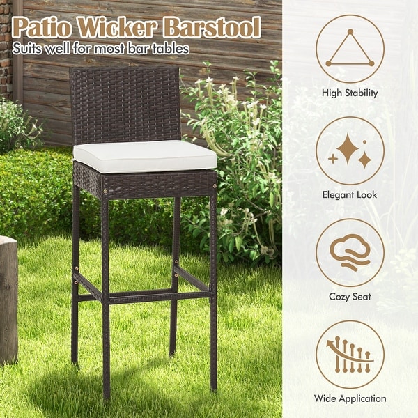 Set of 2/4 Patio Wicker Barstools with Seat Cushion and Footrest