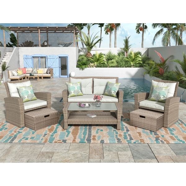 4Piece UStyle Outdoor Patio Furniture Set with AllWeather Wicker Sectional Sofa,Ottoman,and Glass Coffee Table