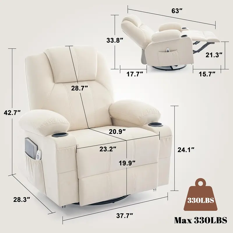 Premium Swivel Rocking Recliner – Heated & Massaging, 360° Rotation, Single-Seat Lounge Sofa
