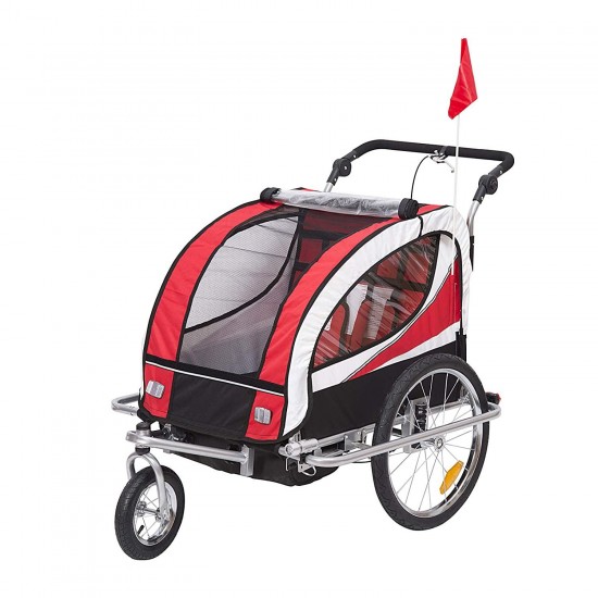 2-in-1 Folding Child Bike Trailer & Baby Stroller with Safety Flag, Light Reflectors, & 5 Point Harness