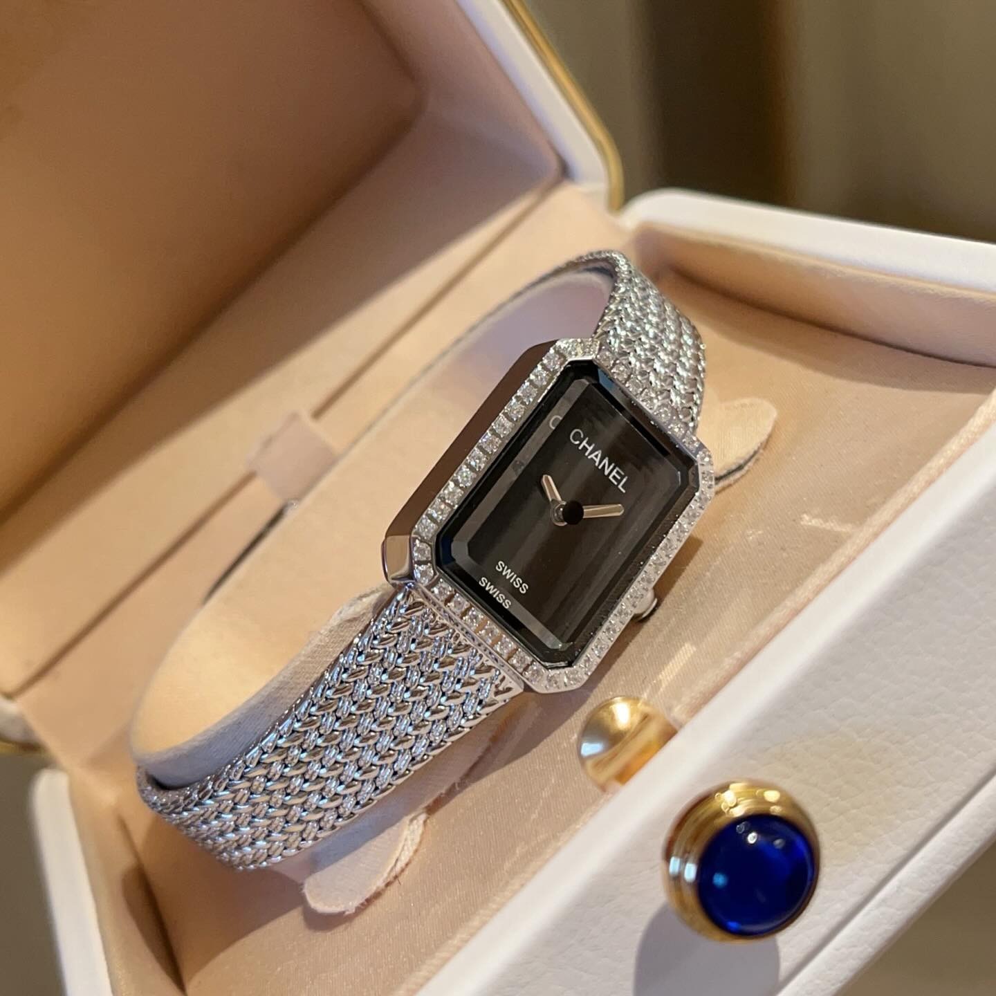 Chanel Première Silver Diamond Watch Black Dial