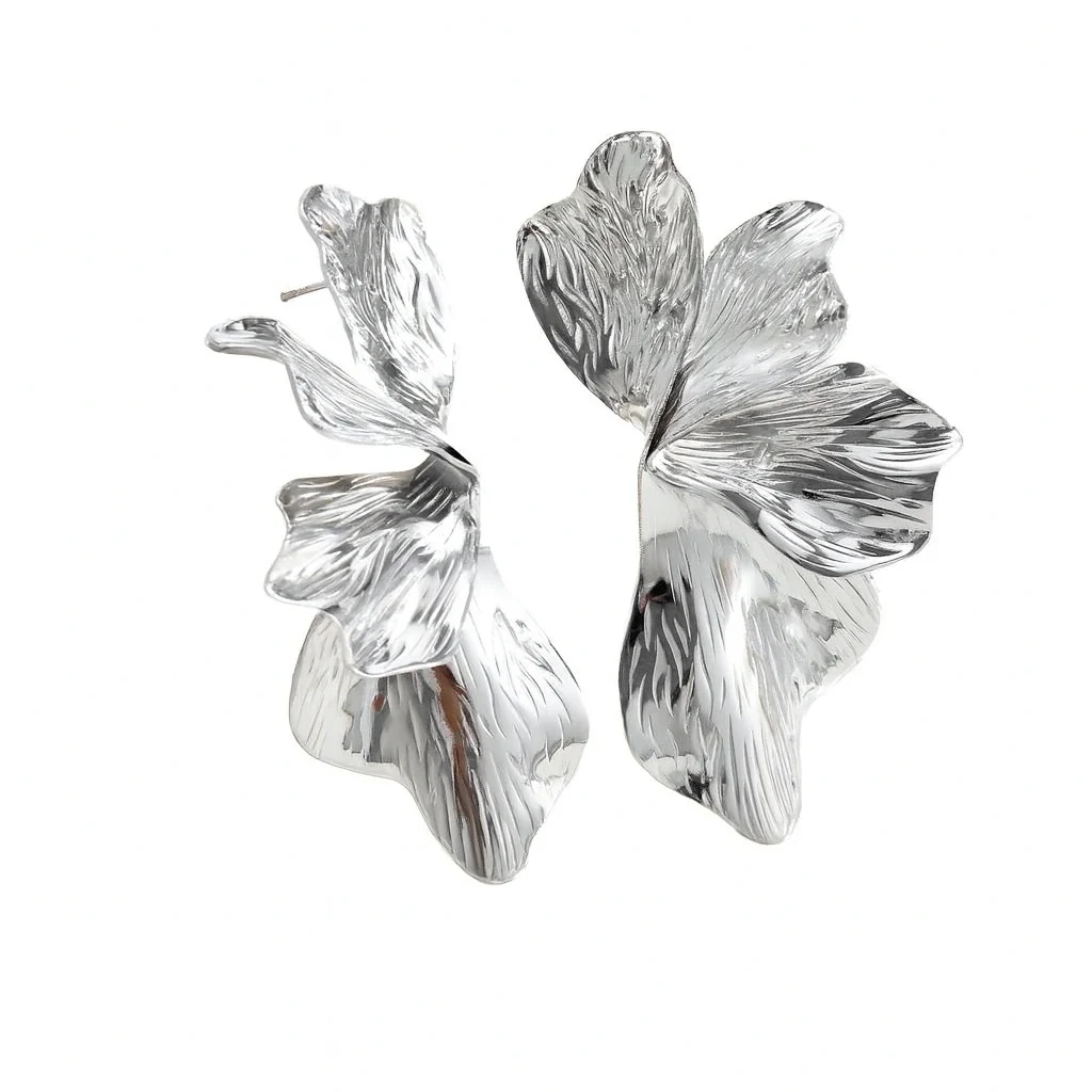 Silver Ginkgo Leaf Layered Flower Earrings for Women