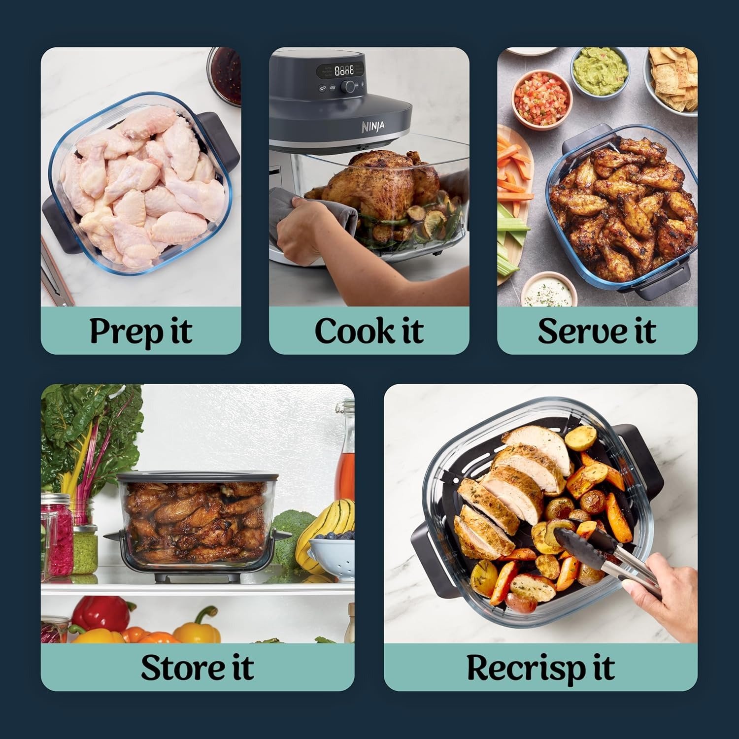 6-in-1 Glass Air Fryer | 450°F, Nontoxic, 6qt & 2.5qt Containers & Lids | Microwave, Freezer, Dishwasher Safe | Max Crisp, Air Fry, Bake, Roast, Recrisp, Dehydrate