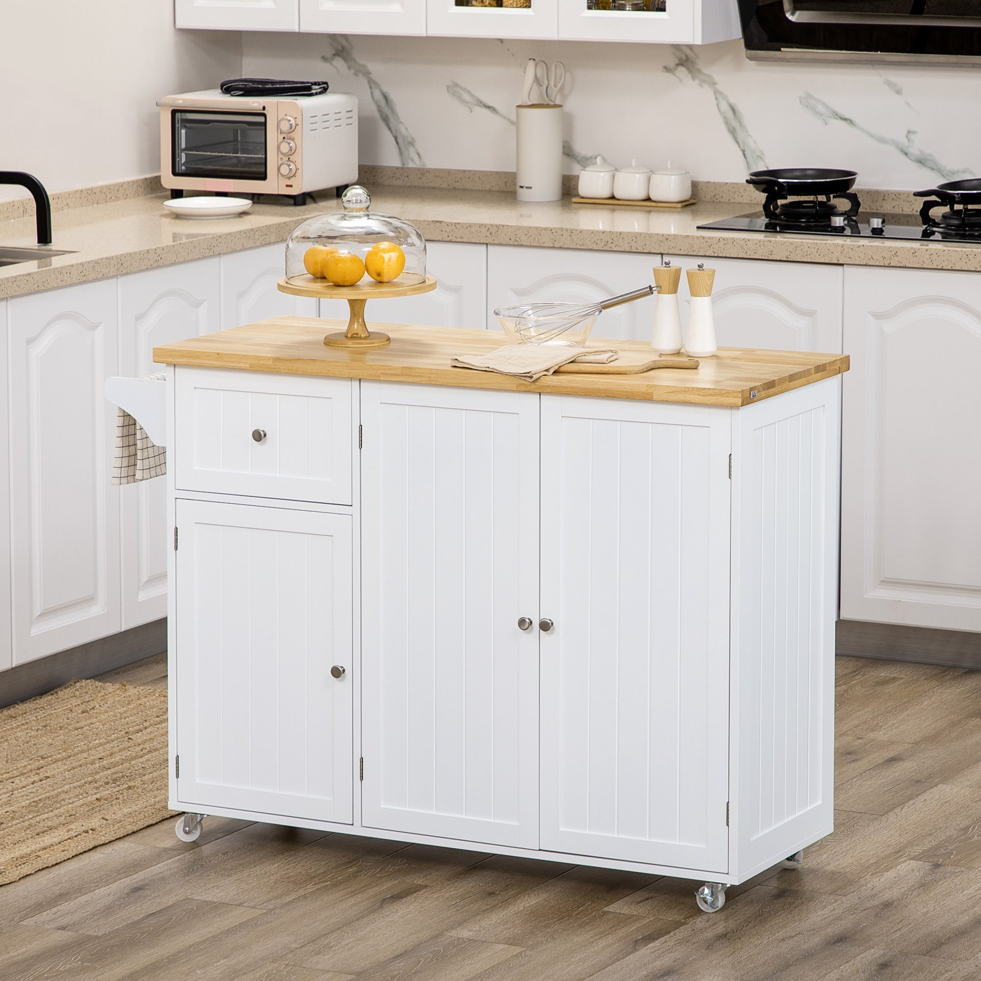 HOMCOM Rolling Kitchen Island on Wheels, Utility Serving Cart with Rubber Wood Top, Towel Rack, Storage Cabinets and Drawer, White