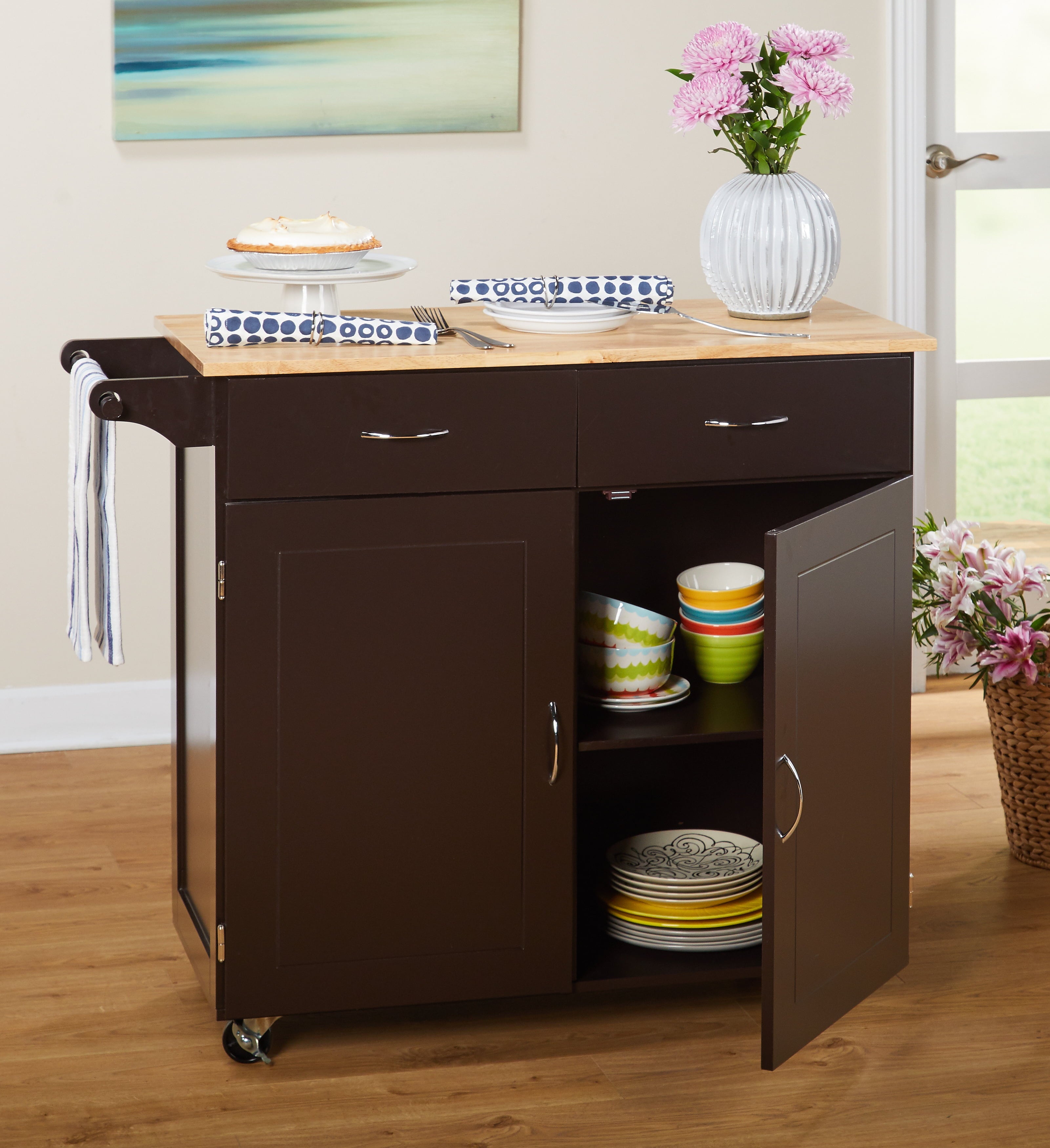 TMS Large Kitchen Cart with Rubber wood Top, Espresso