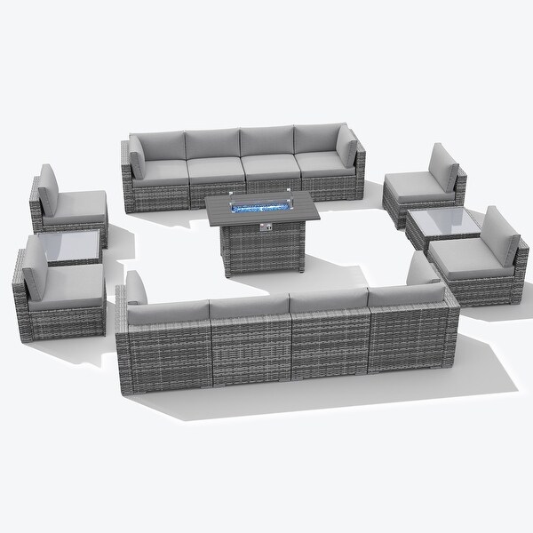 15 Piece Wicker Set Patio Sofa Furniture with Fire Pit And Table