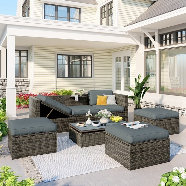 5Piece Patio Wicker Sofa with Adustable Backrest,Cushions,Ottomans and Lift Top Coffee Table
