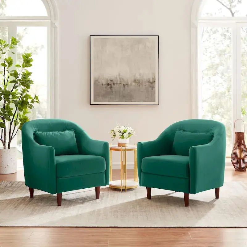 Set of Two Velvet Accent Armchairs — Barrel Style with Solid Wood Legs