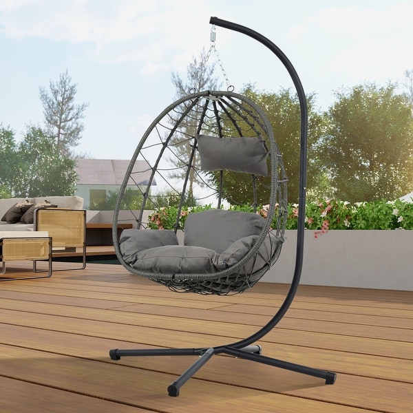 Patio Wicker Hanging Egg Chair Hanging Basket Chair Swing Chair with Stand