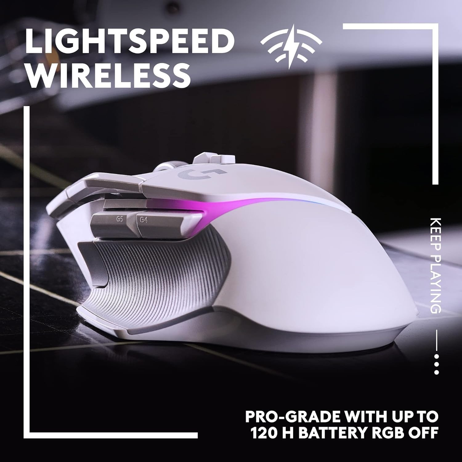 Wireless Gaming Mouse: Optical Switches, LIGHTSYNC RGB, 13 Buttons, Infinite Scroll Toggle, <130 hr Battery Life, USB-C, PowerPlay Wireless Charging Capable, for PC/MacOS - White
