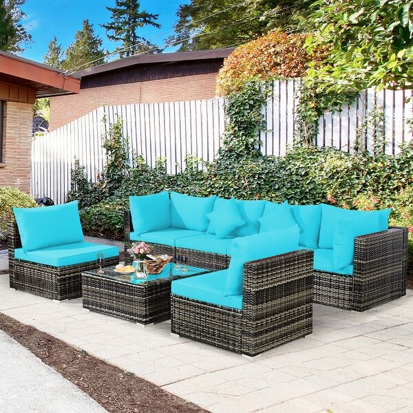 7PCS Patio Rattan Furniture Set Sectional Sofa Garden Cushion