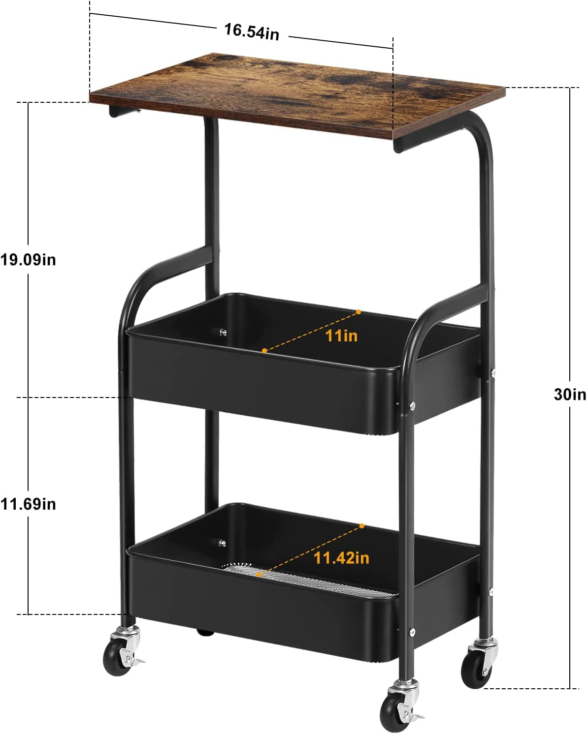 3-Tier Kitchen Rolling Storage Cart with Wheels, Wooden Tabletop, Black