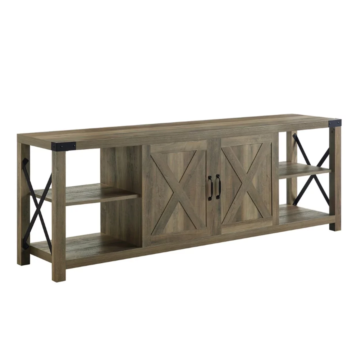 Eli 71 Inch TV Entertainment Center Cabinet Metal Brackets Oak Brown- Saltoro Sherpi