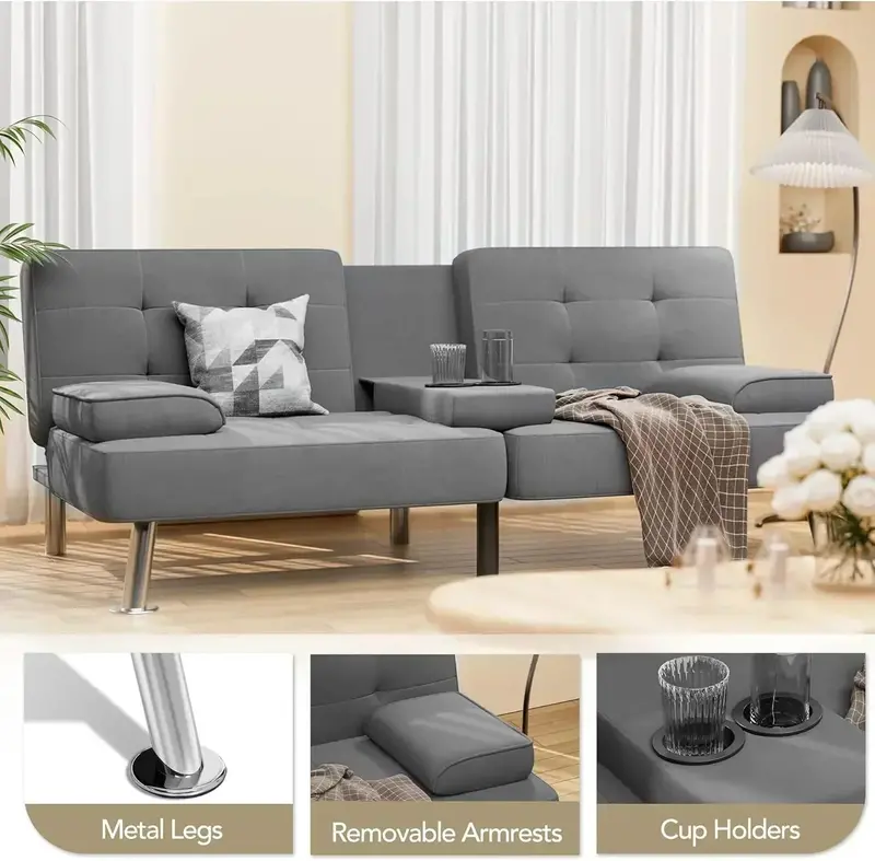 Shahoo Linen Upholstered Folding Futon – Modern Sofa Bed with Detachable Armrests