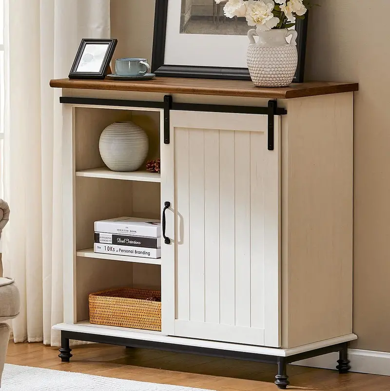 White 35″ Barn-Door Country Cabinet – Sliding Door Wine & Entryway Storage Unit with Metal Base
