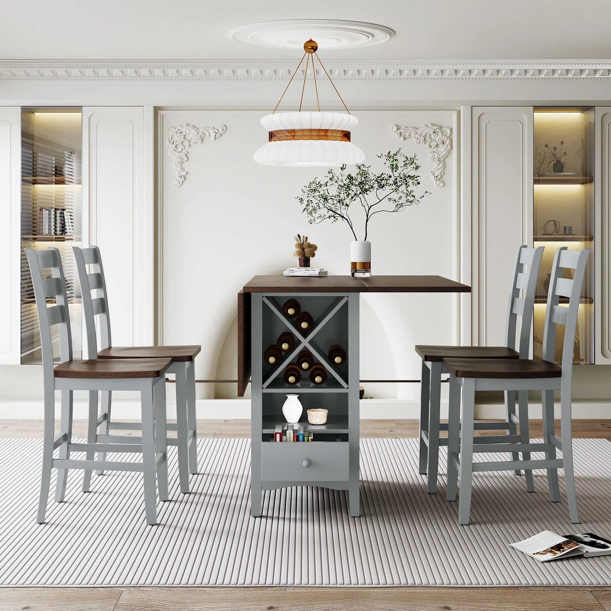 5 Piece Farmhouse Counter Height Kitchen Dining Set with Wine Rack and Drawers, Dining Table Set with 4 Seatings, Compact Kitchen Table with Drop Leaf for Kitchen, Dining Room(Cherry+Gray)