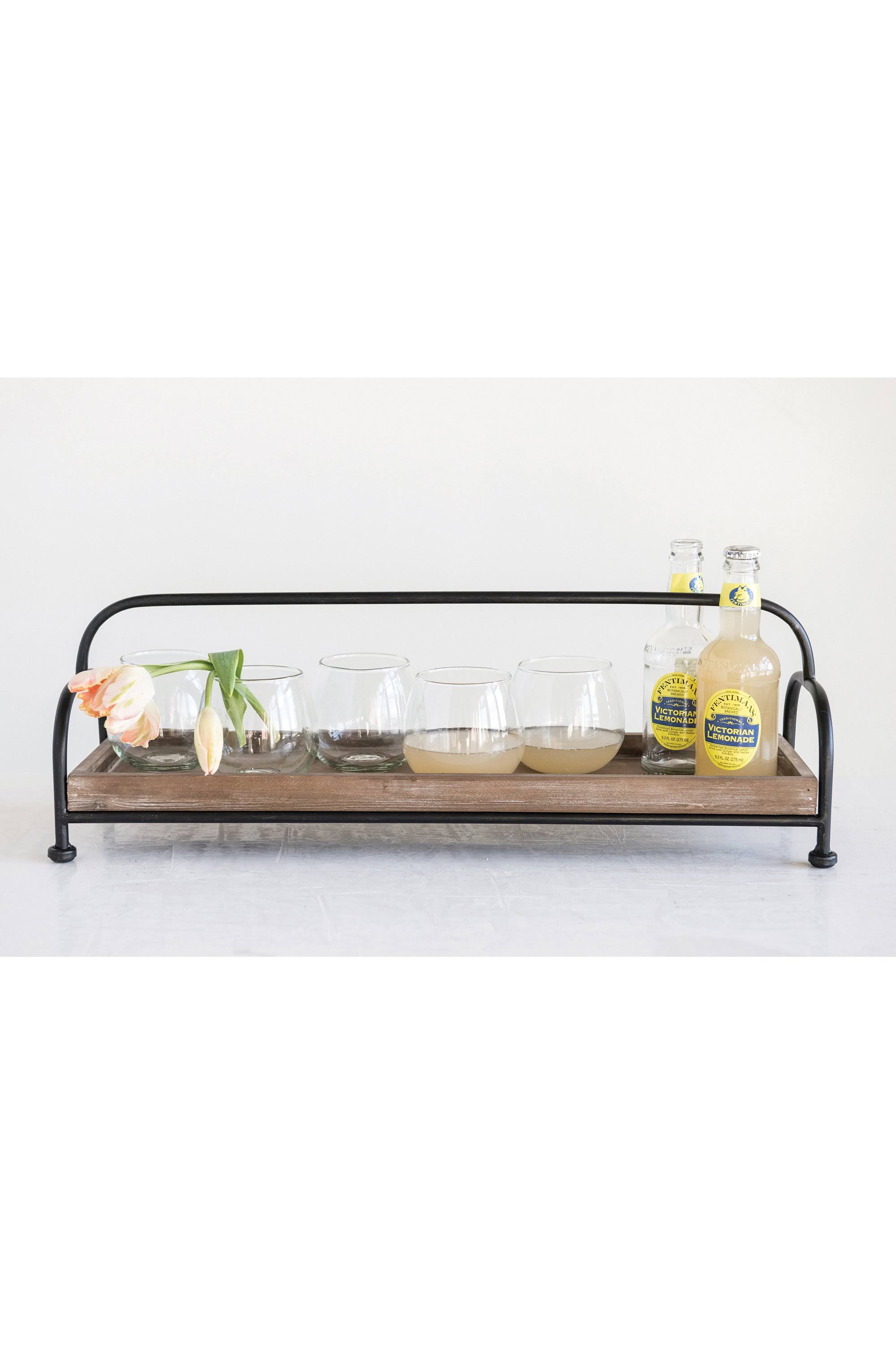 Rectangle Brown Wood Tray with Black Metal Stand