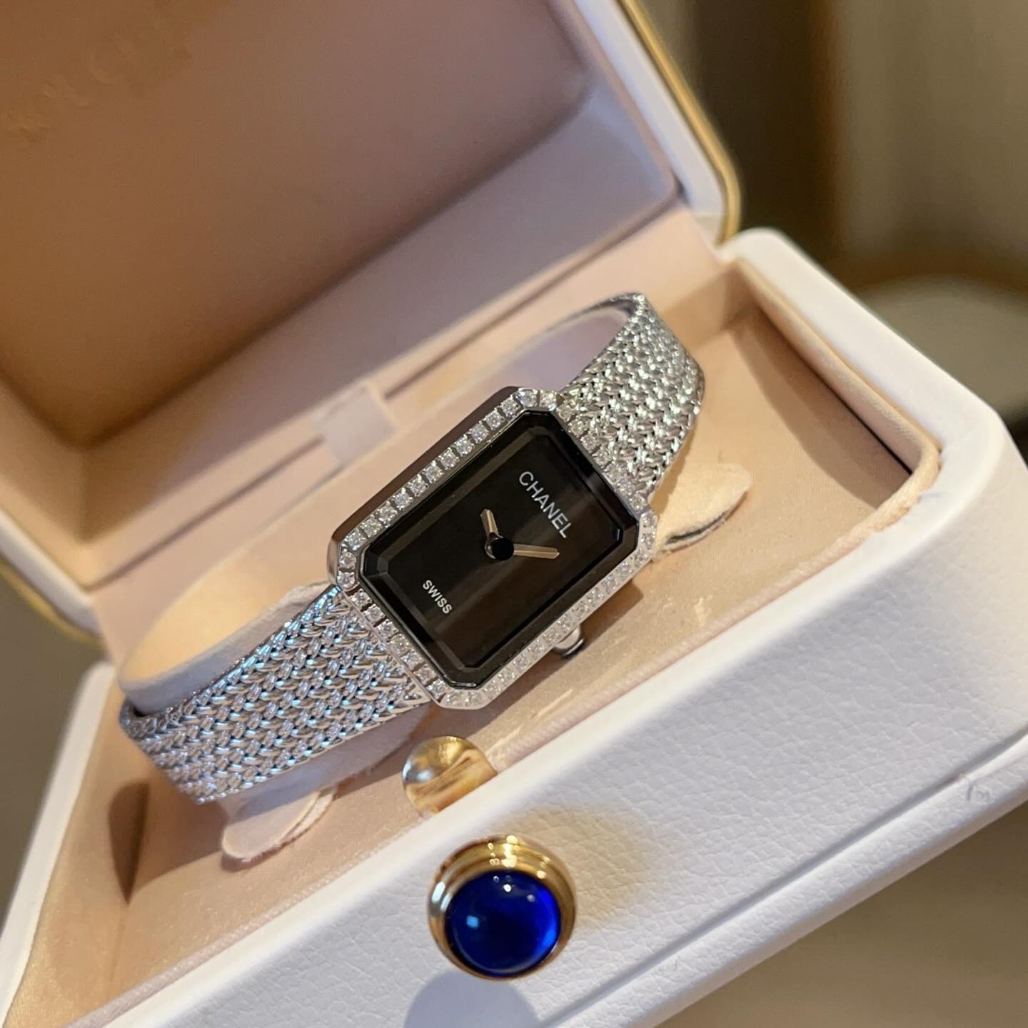 Chanel Première Silver Diamond Watch Black Dial