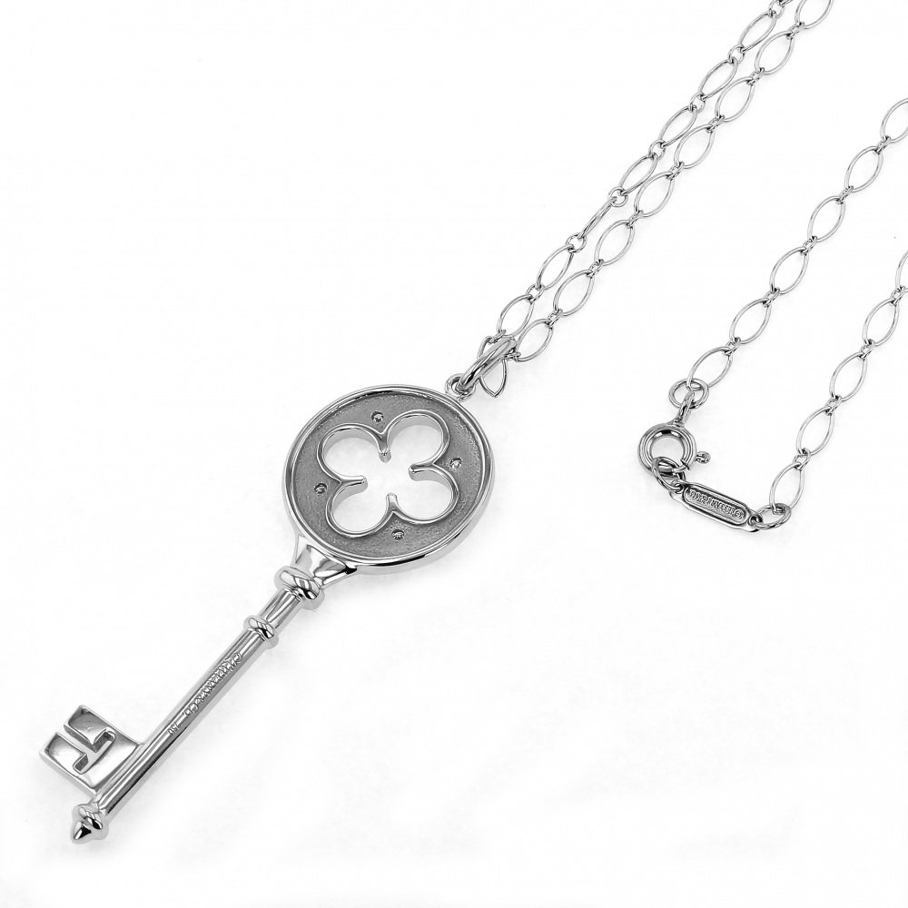 Tiffany & Co. Key Clover Necklace 18K White Gold Diamond