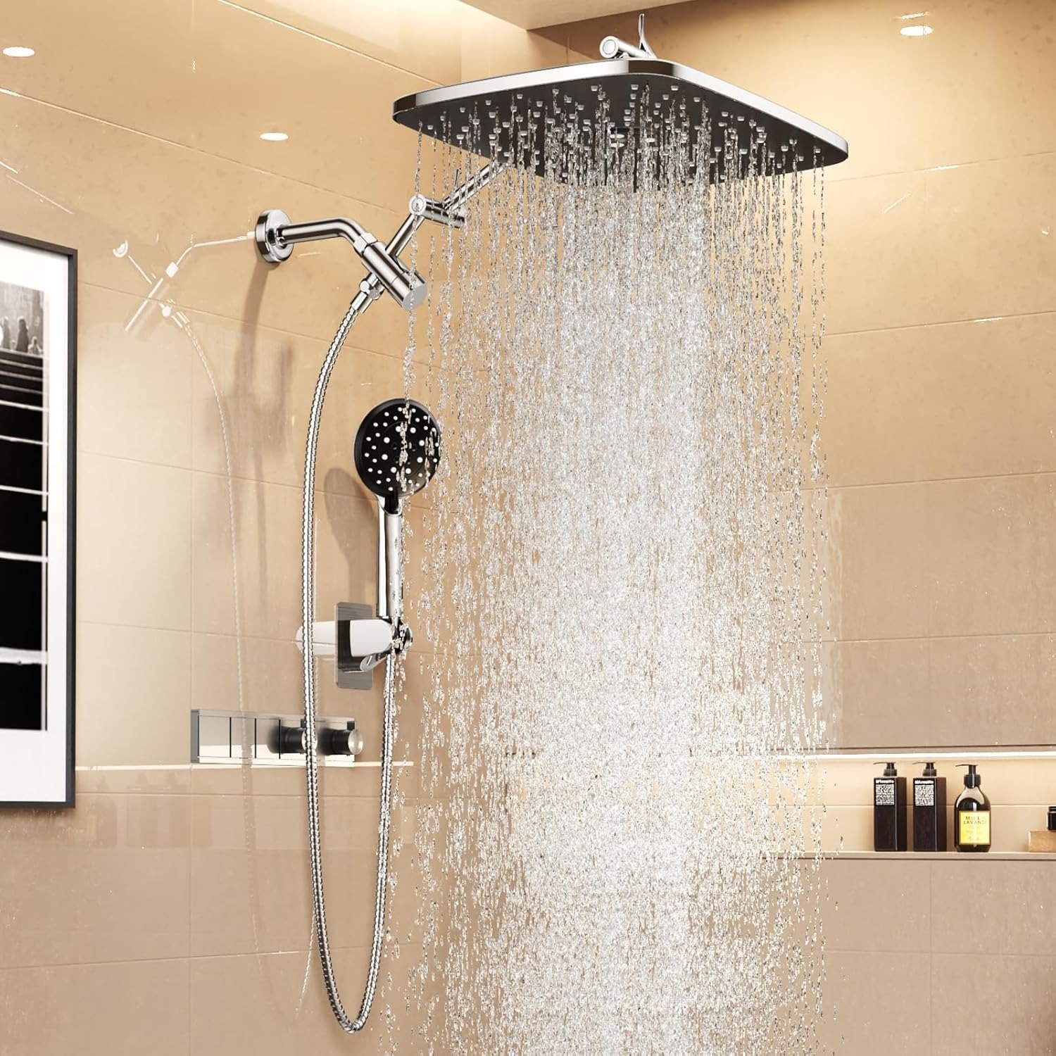 14′′ Wide Rain Shower Head with Handheld, High Pressure Handheld Shower Heads with Multi Spray Modes, Rainfall Combo with Metal Extension Arm,Detachable Dual Shower, Extra Long Hose,Silver Chrome