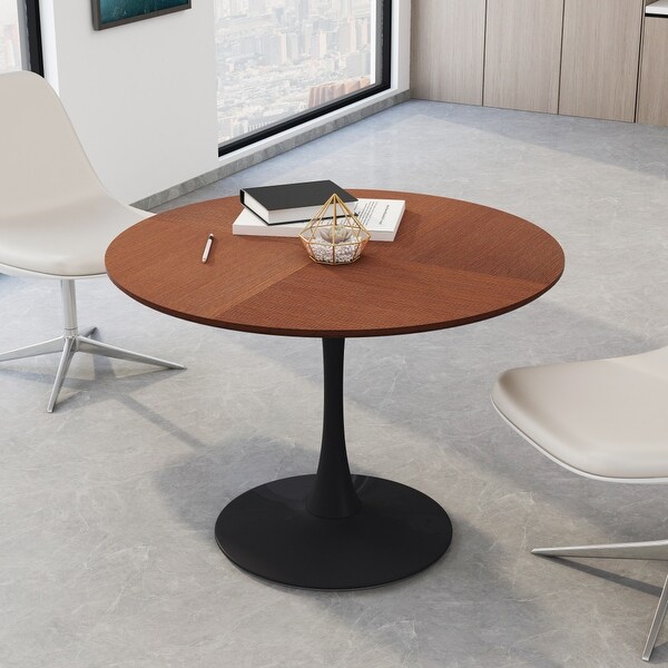 42in. Round Dining Table with Printed Wood Grain Table Top,Metal Base