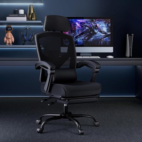DUMOS Home Office Desk Chair with Footrest, High-Back Mesh Rolling Swivel Reclining Chairs with Wheels, Comfortable Headrest, Lumbar Support, Comfy Arms for Home, Office, Gaming, Student, Grey