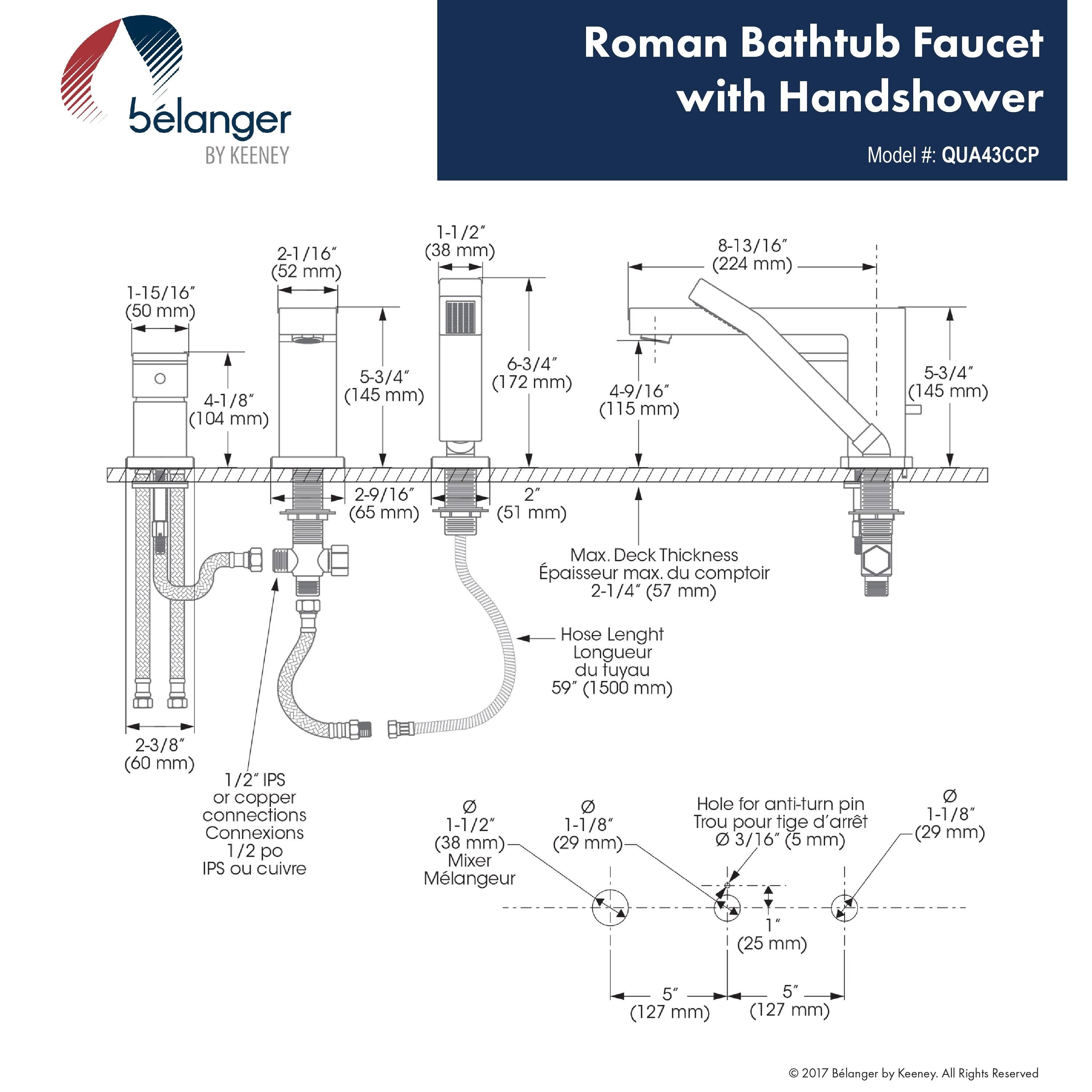 Belanger QUA43CCP Single Handle Deck-Mount Roman Tub Filler with Hand Shower, Polished Chrome