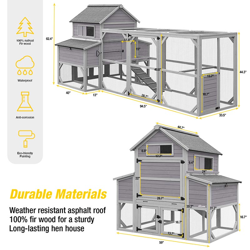 Morgete 137” Chicken Coop for 8 – 10 Chickens, Large Hen House with 2 Nest Box, Wood Poultry Cage with 6 Perches