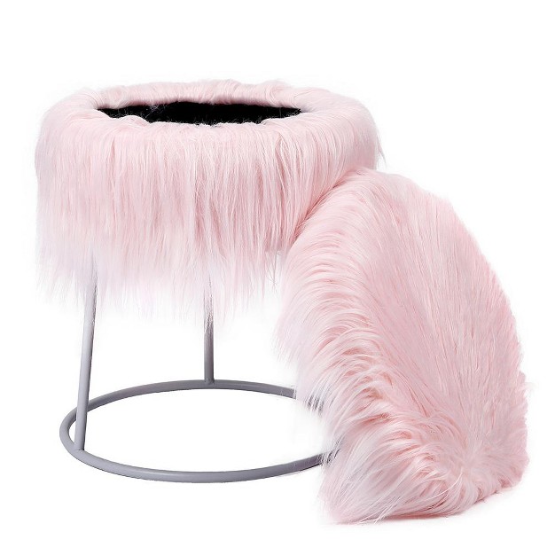 Birdrock Home Round Pink Faux Fur Foot Stool Storage Ottoman With White Legs